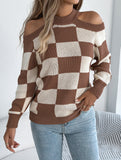 Casual off-the-shoulder contrast plaid sweater