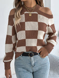 Casual off-the-shoulder contrast plaid sweater