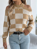 Casual off-the-shoulder contrast plaid sweater