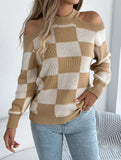 Casual off-the-shoulder contrast plaid sweater