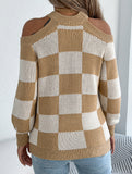 Casual off-the-shoulder contrast plaid sweater