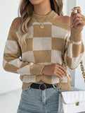 Casual off-the-shoulder contrast plaid sweater