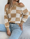 Casual off-the-shoulder contrast plaid sweater