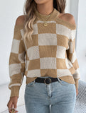 Casual off-the-shoulder contrast plaid sweater