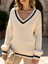Contrast color V-neck loose sweater