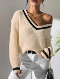Contrast color V-neck loose sweater