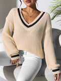 Contrast color V-neck loose sweater