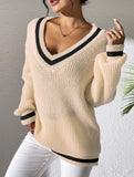 Contrast color V-neck loose sweater
