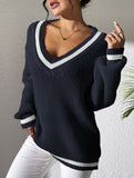 Contrast color V-neck loose sweater