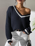 Contrast color V-neck loose sweater