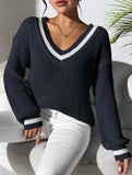 Contrast color V-neck loose sweater