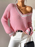 Contrast color V-neck loose sweater