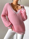 Contrast color V-neck loose sweater