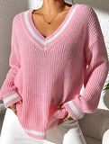 Contrast color V-neck loose sweater
