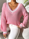 Contrast color V-neck loose sweater