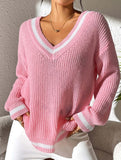 Contrast color V-neck loose sweater