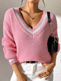 Contrast color V-neck loose sweater