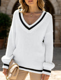 Contrast color V-neck loose sweater