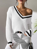 Contrast color V-neck loose sweater