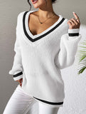 Contrast color V-neck loose sweater