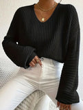 Loose lazy V-neck lantern long-sleeved sweater