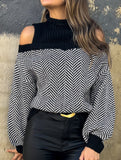 Mid-neck striped off-the-shoulder sweater