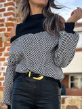 Mid-neck striped off-the-shoulder sweater