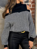 Mid-neck striped off-the-shoulder sweater
