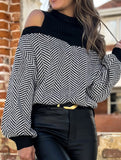 Mid-neck striped off-the-shoulder sweater