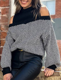 Mid-neck striped off-the-shoulder sweater