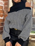 Mid-neck striped off-the-shoulder sweater