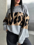 Vintage leopard print contrast crew neck sweater