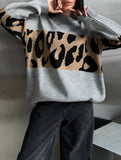 Vintage leopard print contrast crew neck sweater