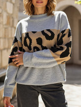Vintage leopard print contrast crew neck sweater