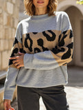 Vintage leopard print contrast crew neck sweater