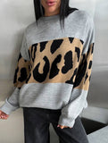 Vintage leopard print contrast crew neck sweater
