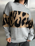 Vintage leopard print contrast crew neck sweater