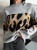 Vintage leopard print contrast crew neck sweater