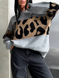 Vintage leopard print contrast crew neck sweater