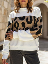 Vintage leopard print contrast crew neck sweater