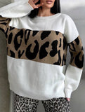Vintage leopard print contrast crew neck sweater