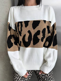 Vintage leopard print contrast crew neck sweater