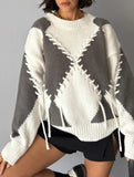 Crew neck long sleeve contrast color sweater