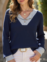 Casual fake two-piece loose long-sleeved top