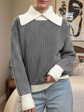Retro oversized collar turtleneck striped sweater