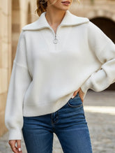 Retro loose collared zip-up pullover knit sweater