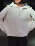 Retro loose collared zip-up pullover knit sweater