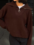Retro loose collared zip-up pullover knit sweater