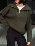 Retro loose collared zip-up pullover knit sweater