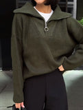 Retro loose collared zip-up pullover knit sweater